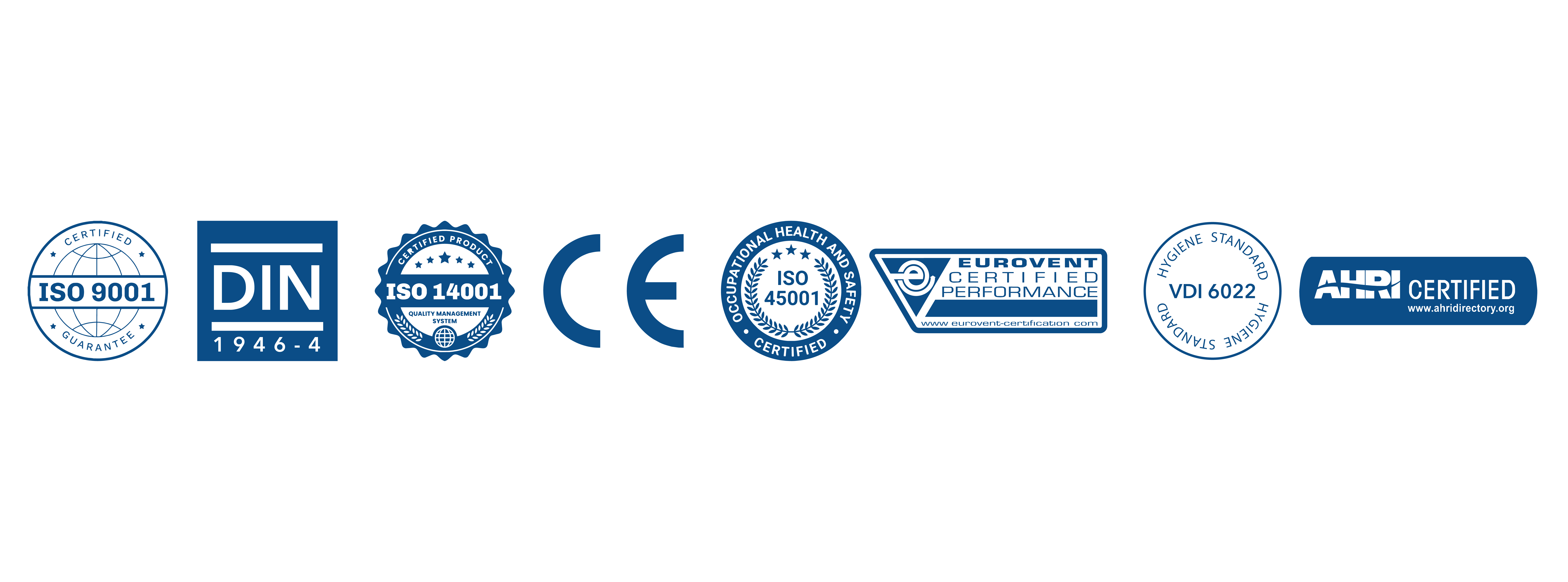 NTM Certifications — ISO 9001, DIN 1946-4, ISO 14001, CE, ISO 45001, EUROVENT, VDI 6022, AHRI